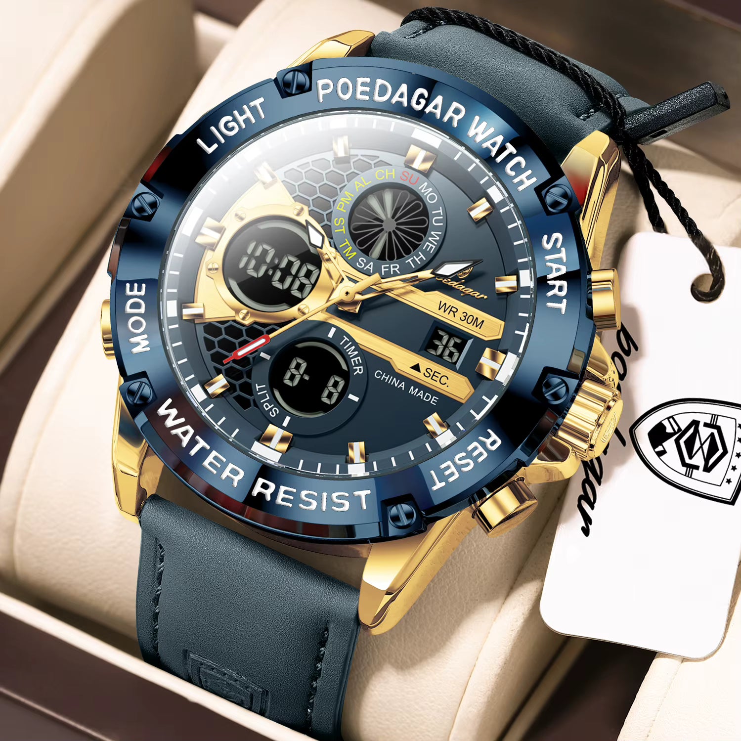 Poedagar E125 Dual Time Genuine Leather Men's Watch