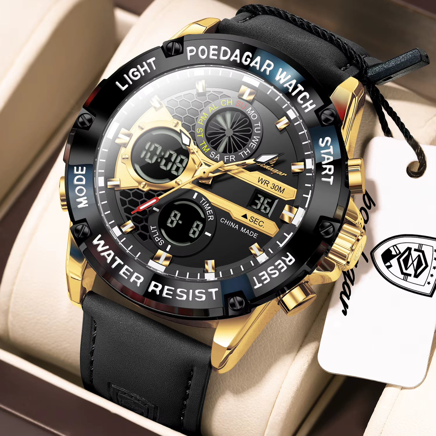 Poedagar E125 Dual Time Genuine Leather Men's Watch